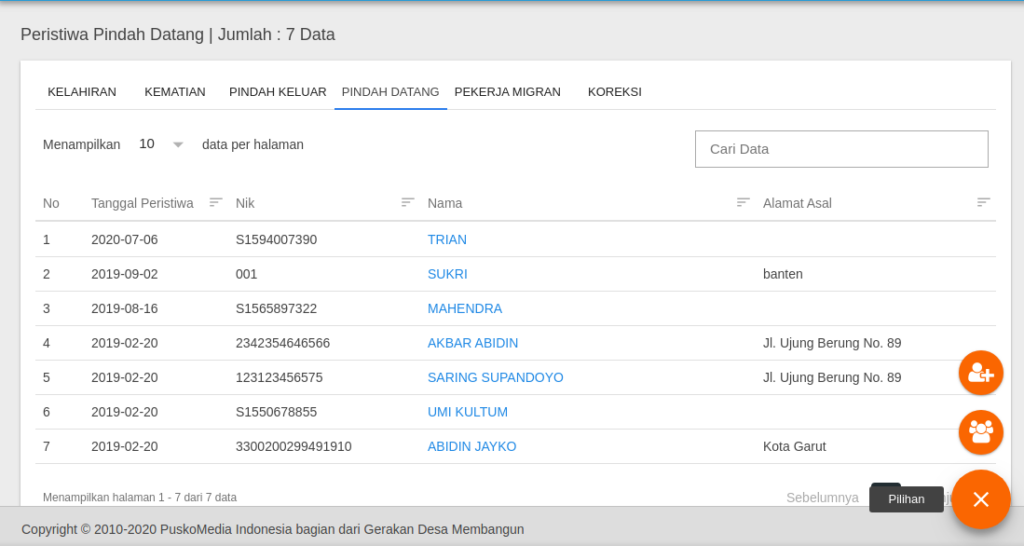 Input data pindah datang